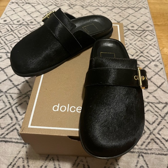 Dolce Vita Sunday Onyx Black Calf Hair Slip-On Mule w Gold Buckle Size 6 NIB - Picture 5 of 10